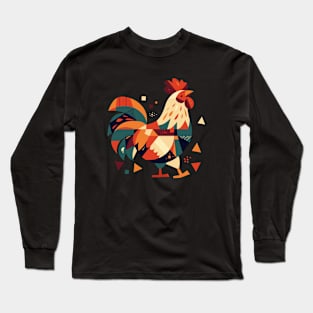 Geometrical Colorful Rooster. Adorable Mosaic Cute Kawaii Simple Bird Long Sleeve T-Shirt